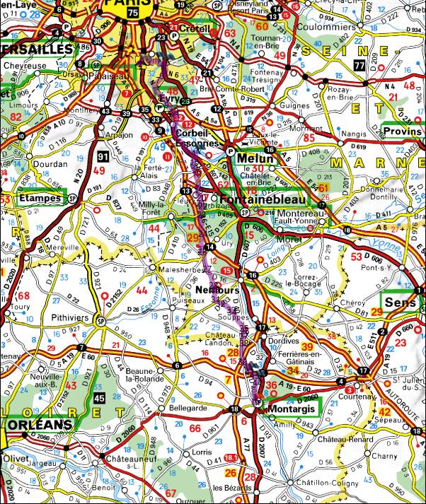 A map of the route I took from Orly, France to Montargis, France